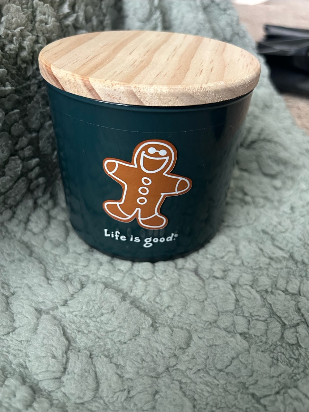 Life Is Good Green Candle Jar with Gingerbread Graphic and Wood Lid